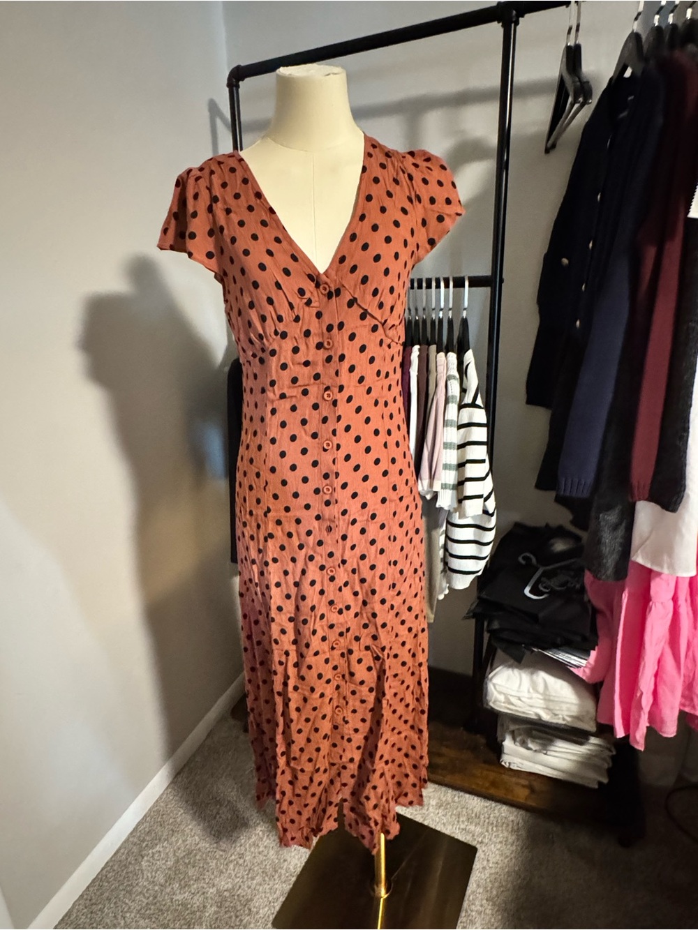 Workshop Republic Clothing Rust Polka Dot Button-Front Midi Dress